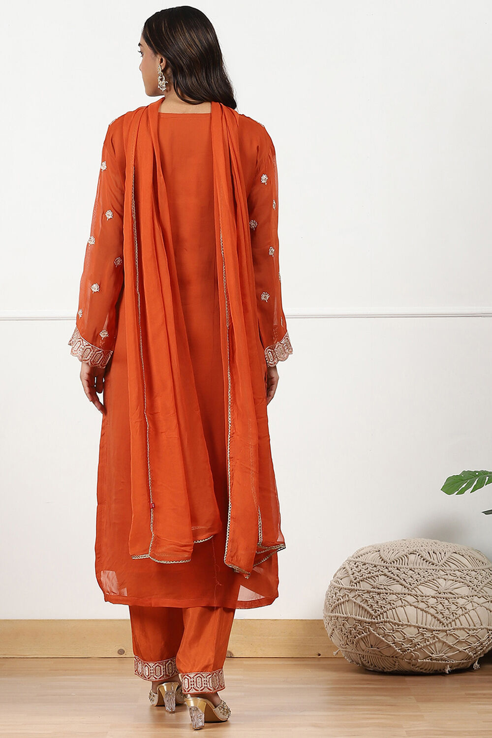 Mustard Organza Machine Embroidered Unstitched Suit Set image number 5