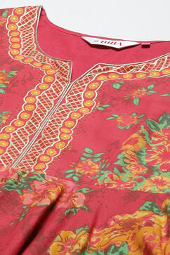 Red Cotton Flared Fusion Printed Dress image number 1