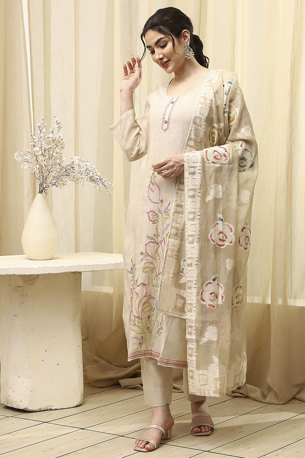 Beige Chanderi Hand Painted Unstitched Suit Set image number 4