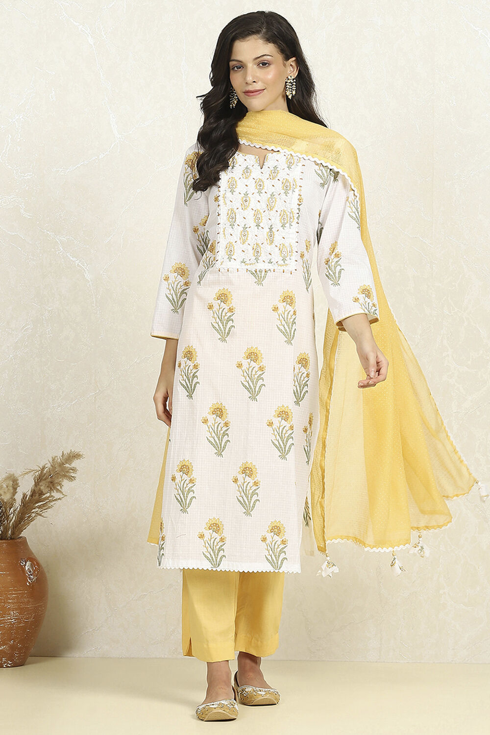 Blue and White Printed Cotton Unstitched Suit Set image number 1