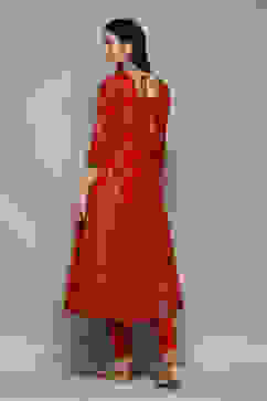 Red Cotton Anarkali Kurta Churidar Suit Set image number 4