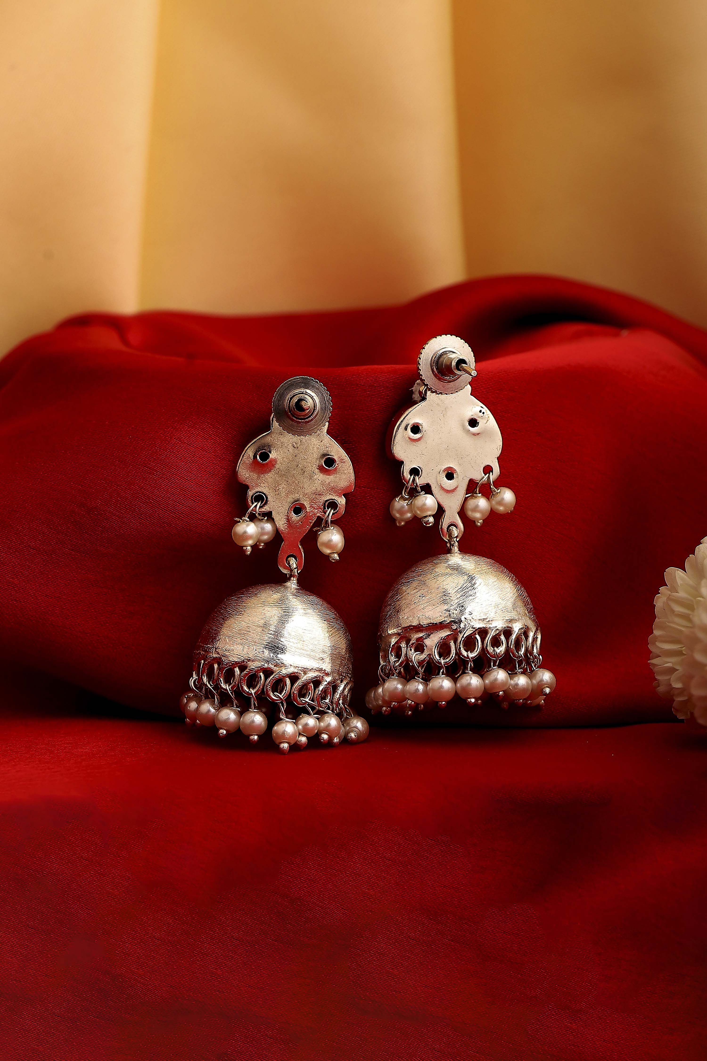 Silver Toned & Blue Oxidised Brass Studded Jhumkas image number 2