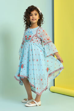 Sky Blue Printed Gathered Asymmetric Dress image number 2