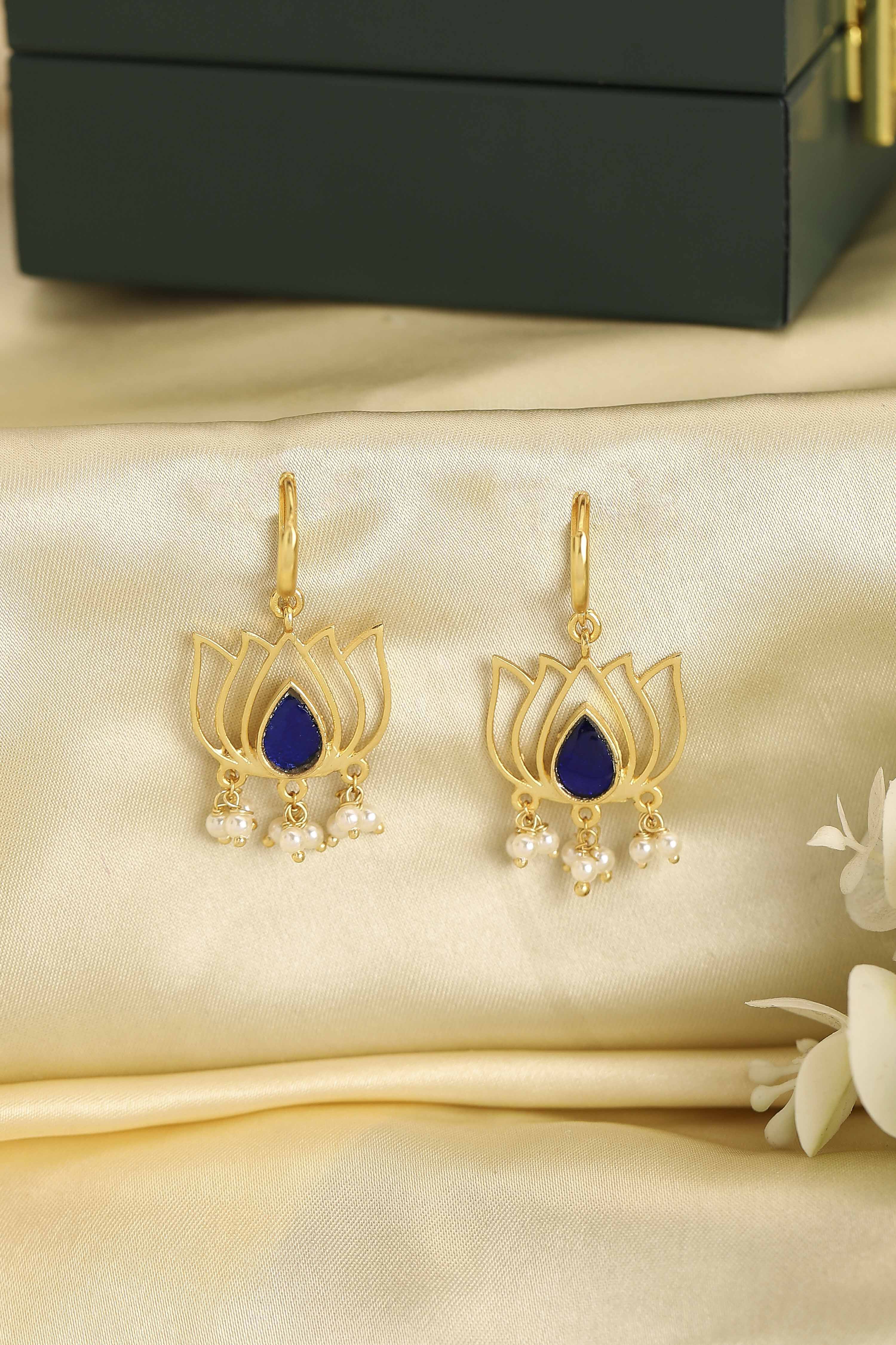 Navy Blue Gold Plated Brass Floral Drop Earrings image number 4