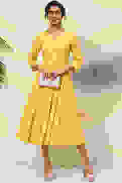 Yellow Cotton Flared Solid Dress image number 5