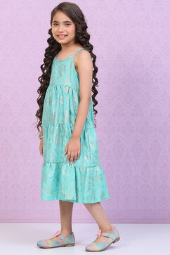 Sea Green Art Silk Tiered Printed Dress image number 2