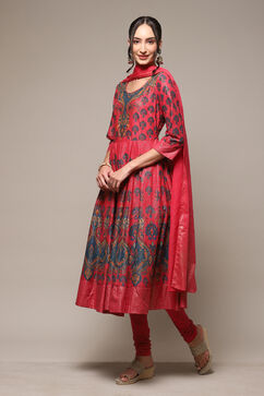 Crimson Red Cotton Anarkali Kurta Churidar Suit Set image number 5