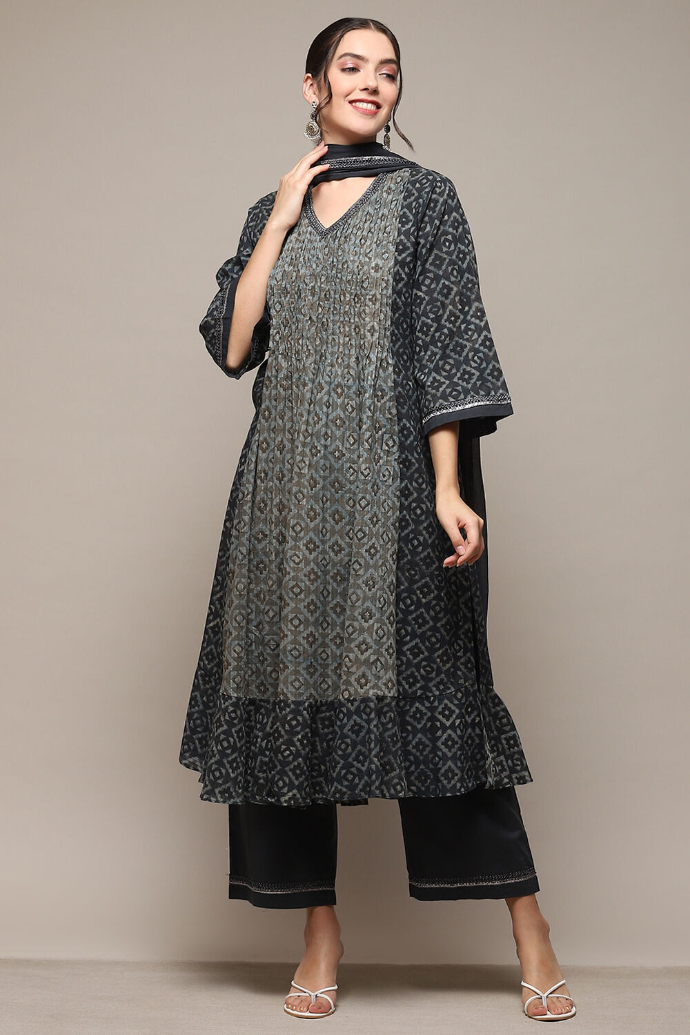 Buy Charcoal Navy Cotton Gathered Kurta Palazzo Suit Set Kurta