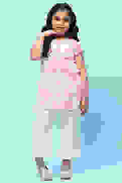 Pink White Cotton Floral Printed Kurta and Palazzo image number 0