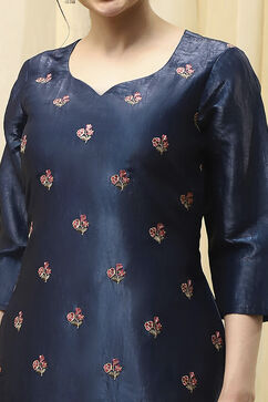 Navy Blue Tissue Machine Embroidered Unstitched Suit Set image number 2