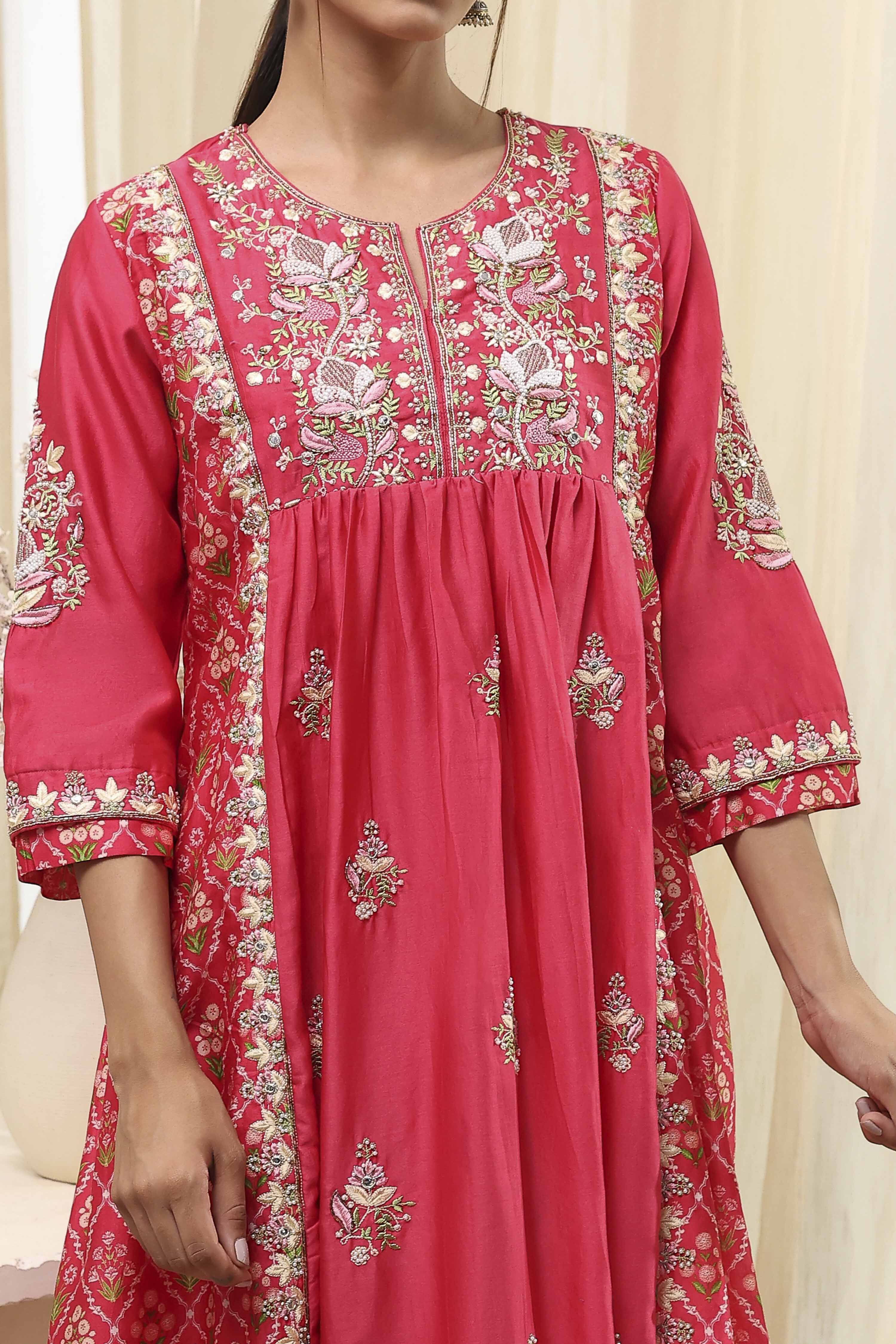 Coral-Red Silk Chanderi Gathered Suit Set image number 1