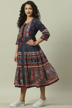 Blue Cotton Fusion Dress with Printed Jacket image number 3