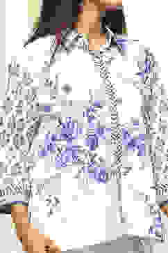 White and Blue Cotton High-Low Straight Shirt image number 1