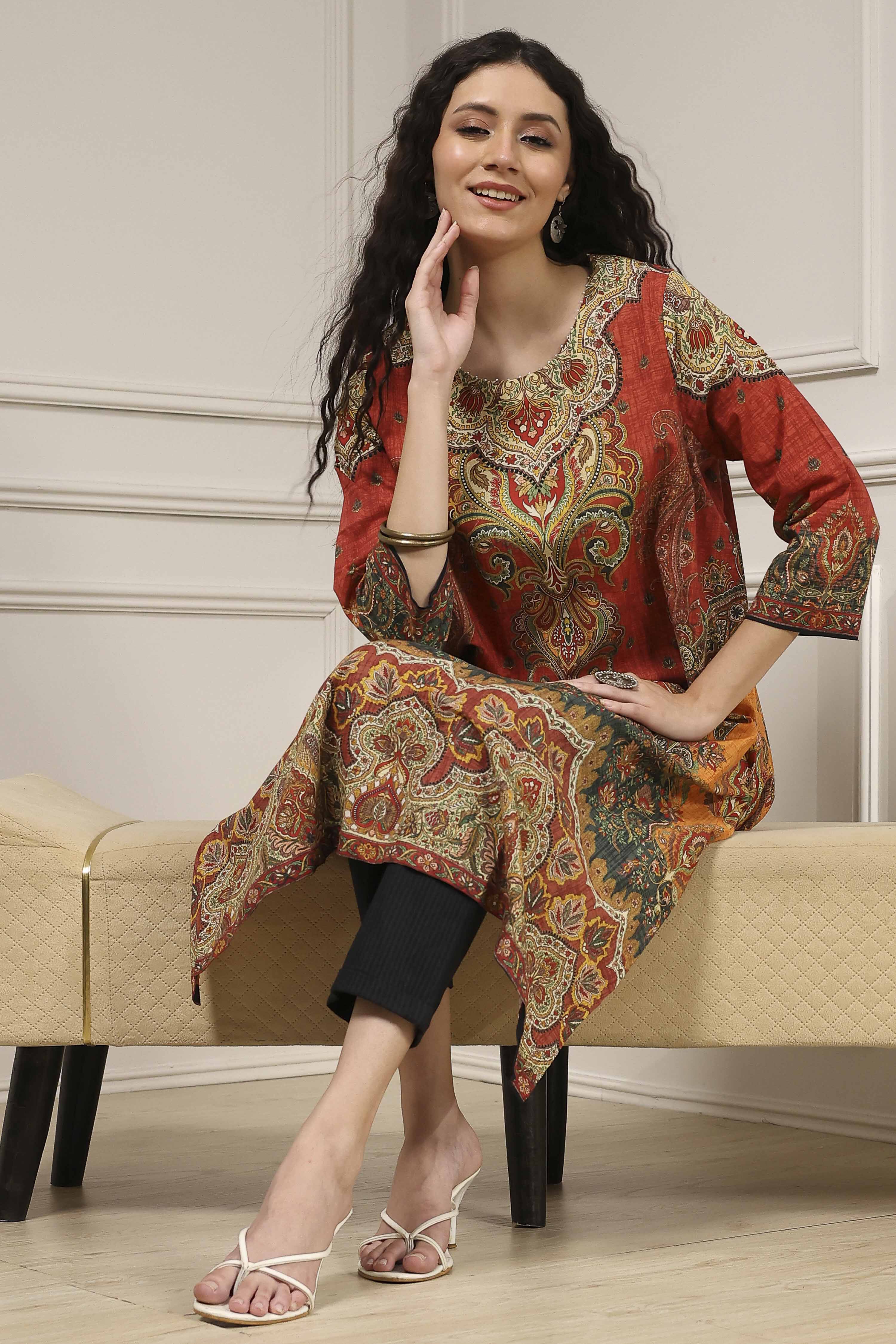 Blue Cotton Printed Straight Kurta image number 0