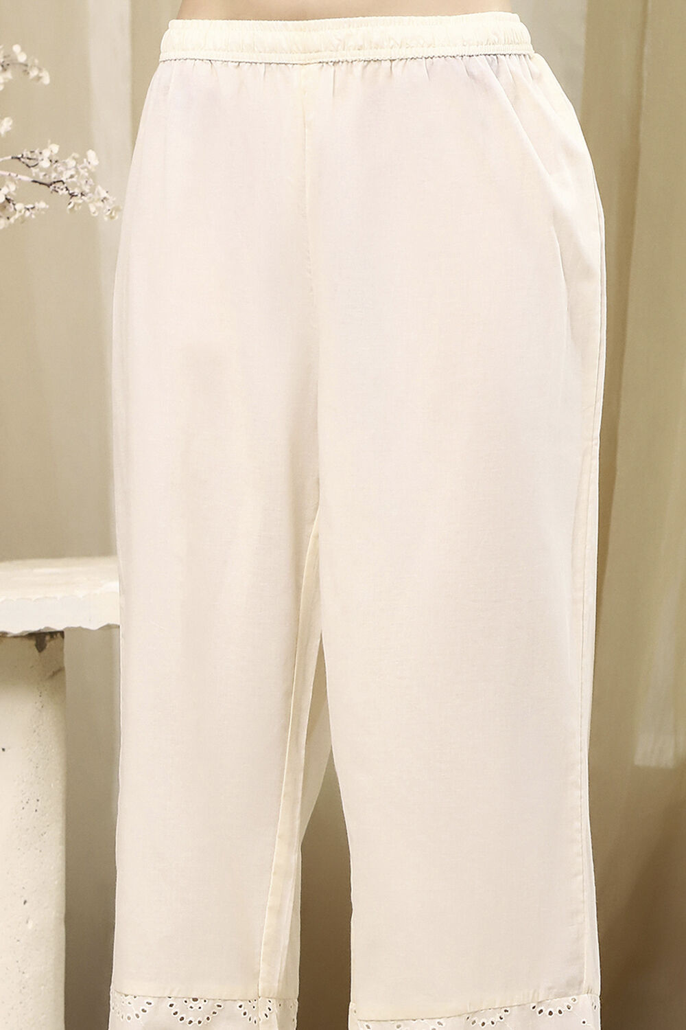 Off-White Cotton Schiffli Anarkali Suit Set image number 2