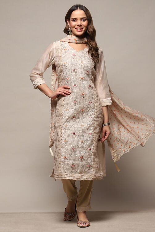 Cream Modal Unstitched Suit Set image number 1