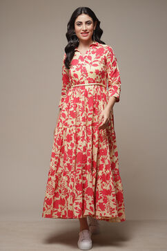 Beige Cotton Tiered Printed Dress image number 1