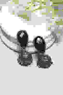 Navy Blue Oxidised Stone Studded Tear Drop Jhumkas image number 0