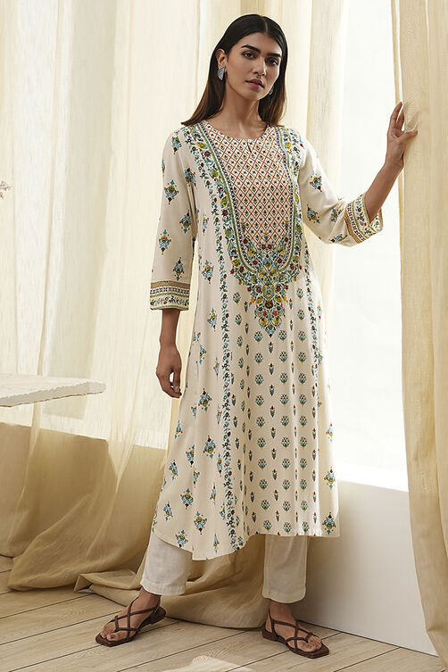 Cream-Colored Printed Straight Kurta image number 0