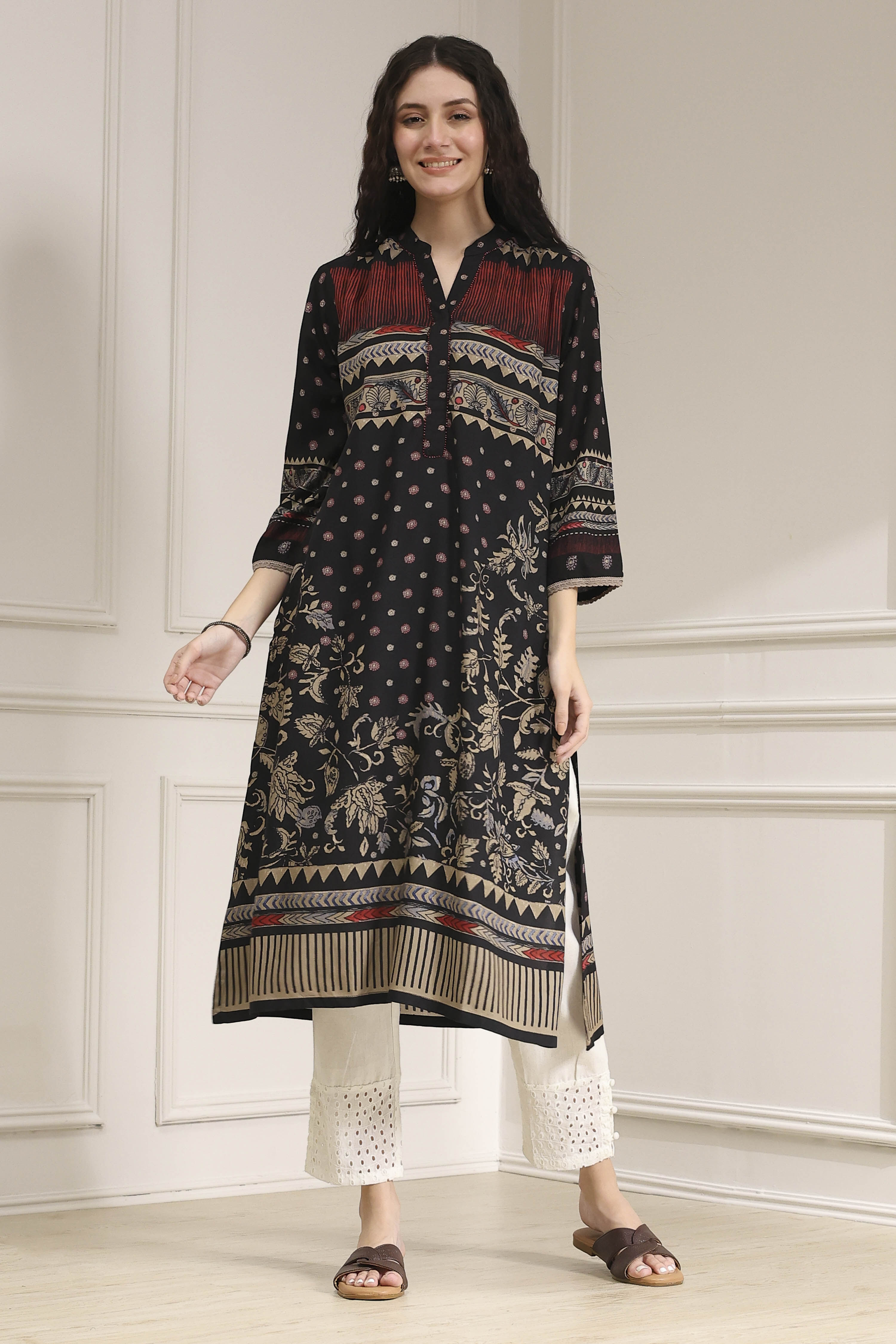 Black Printed Straight Kurta image number 0