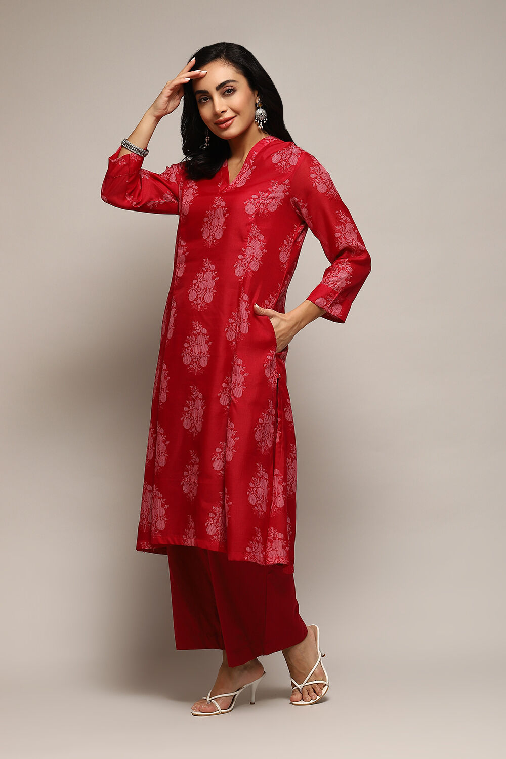 Pink Poly Chanderi A-Line Printed Kurta Palazzo Suit Set image number 3
