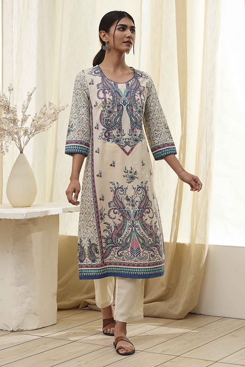Blue Pure Cotton Printed Straight Kurta image number 0