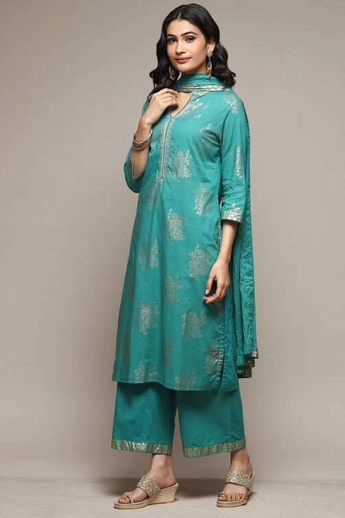 Light Blue Cotton Straight Kurta Palazzo Suit Set image number 5