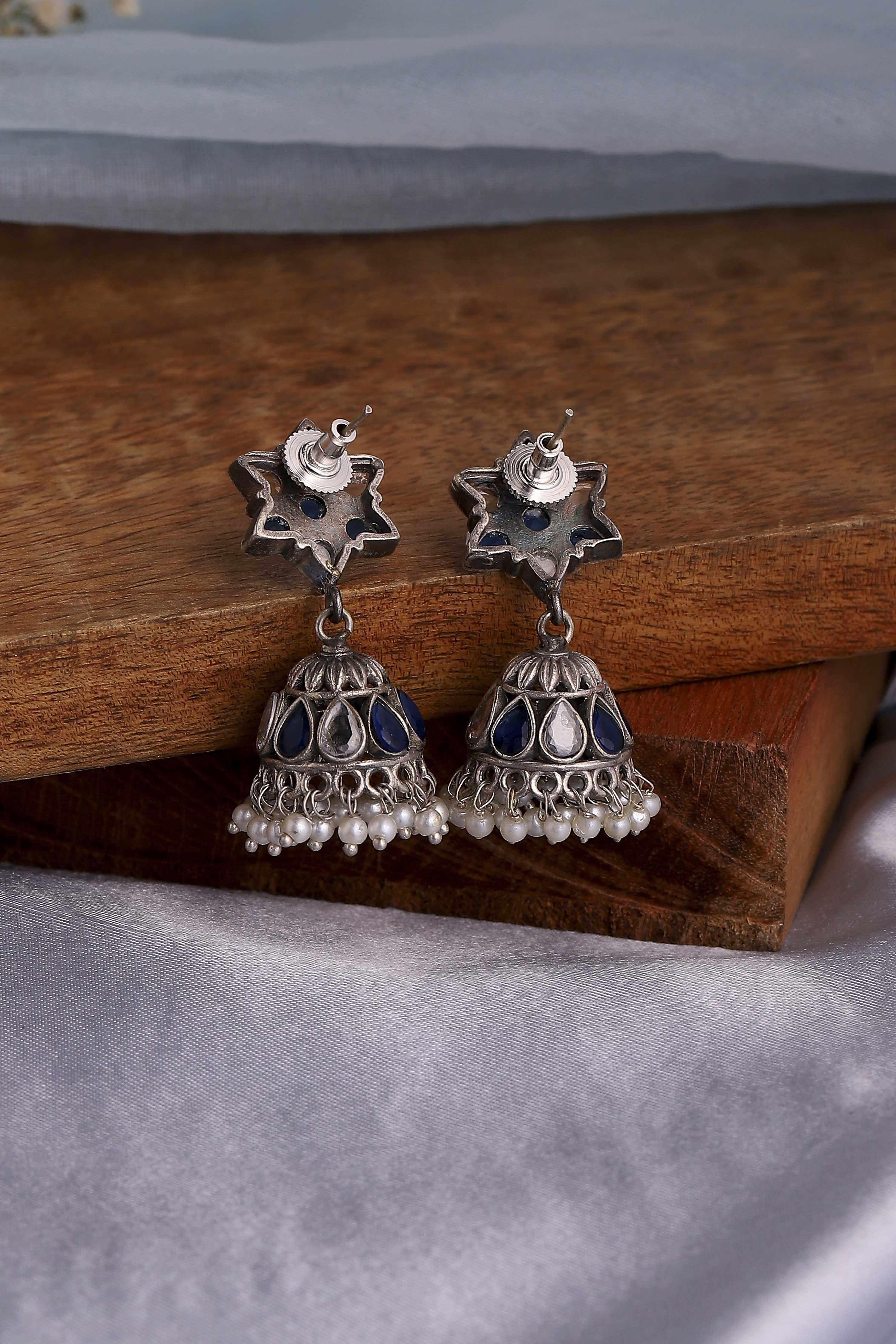 Blue Oxidized Brass Studded Jhumkas image number 2