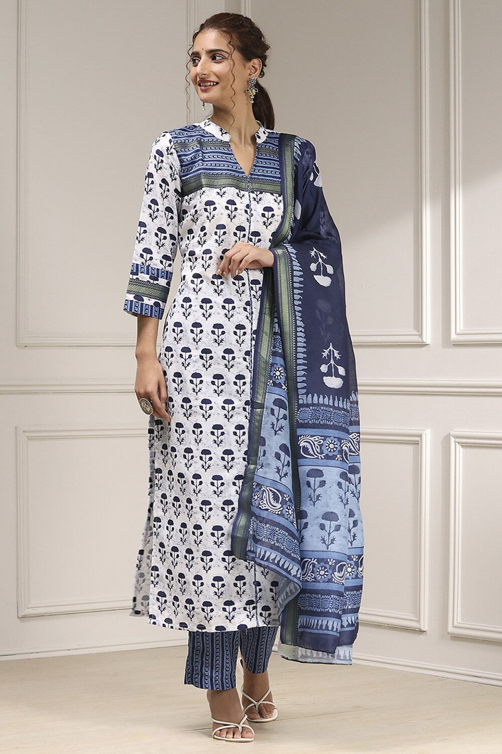 Indigo Cotton Modal Digital Print Unstitched Suit Set image number 1