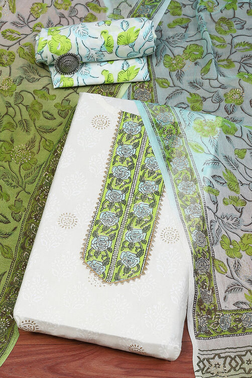 White Green Cotton Unstitched Suit set image number 0