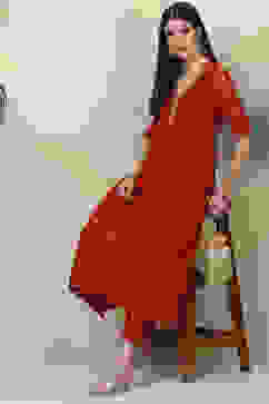 Red Flared Poly Modal Fusion Wear 2 Piece Set image number 0