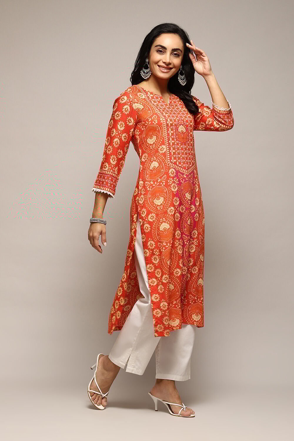 Orange LIVA Straight Printed Kurta