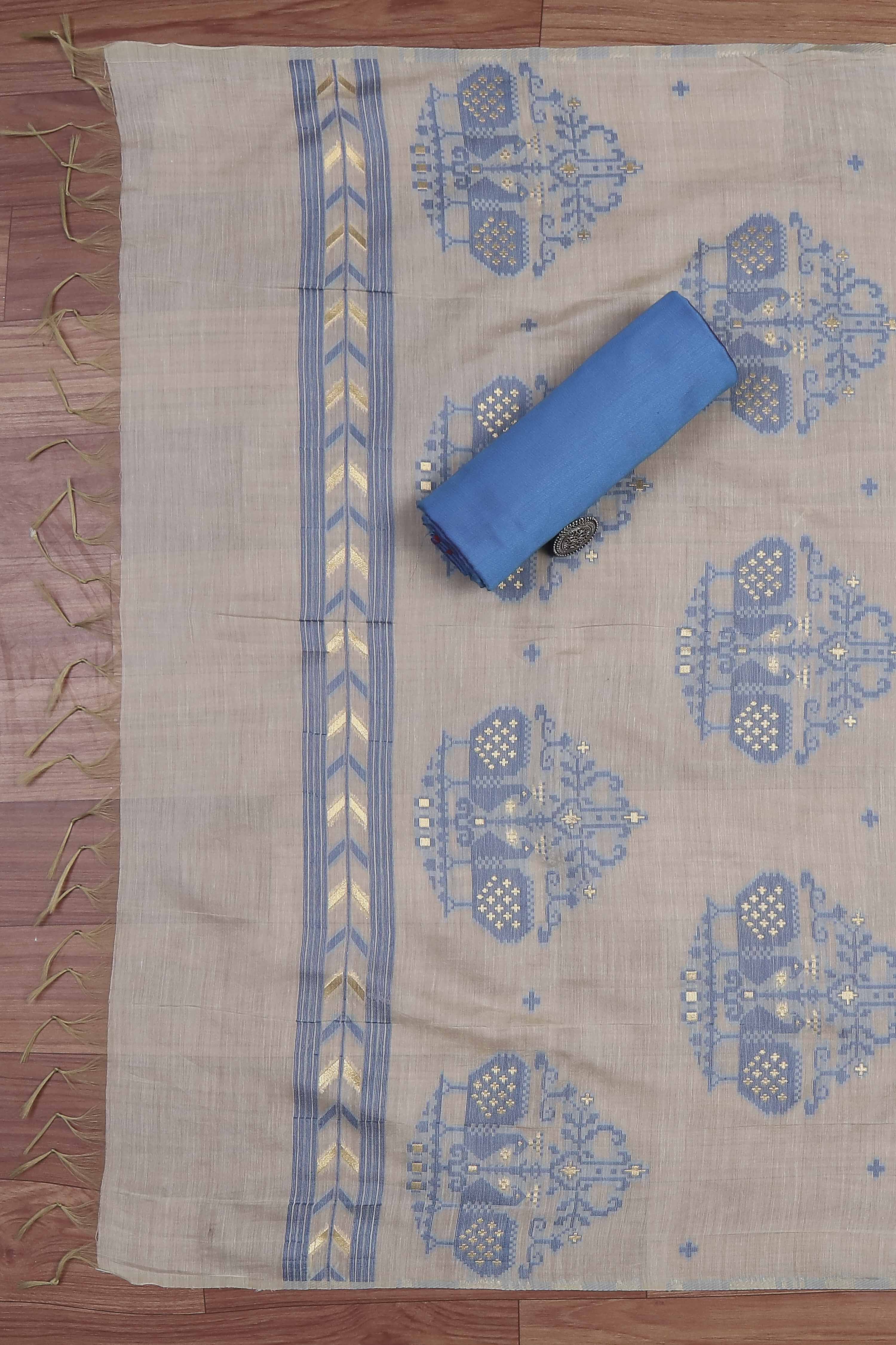 Blue Cotton Jamdani Unstitched Suit Set image number 3