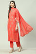 Coral Cotton Straight Kurta Regular Pants Suit Set image number 5