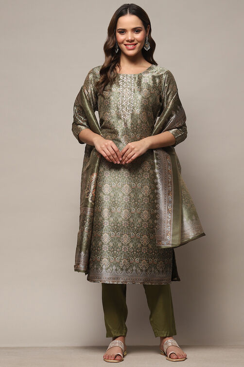 Green Silk Blend Unstitched Suit set image number 8