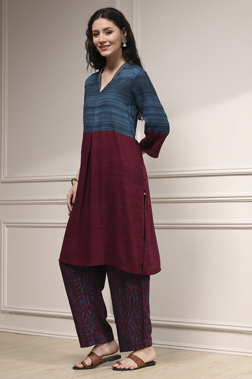 Teal Viscose Rayon Straight Printed Kurta Pants Set image number 3