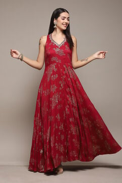 Cherry Red LIVA Flared Printed Dress image number 0