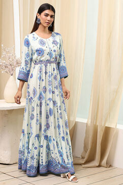 Ecru Viscose Rayon Tiered Printed Dress image number 4
