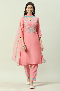 Blush Peach Yarndyed A-Line Kurta Regular Pant Suit Set image number 0