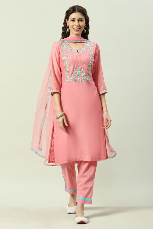 Turquoise Yarndyed A-Line Kurta Regular Pants Suit Set image number 0