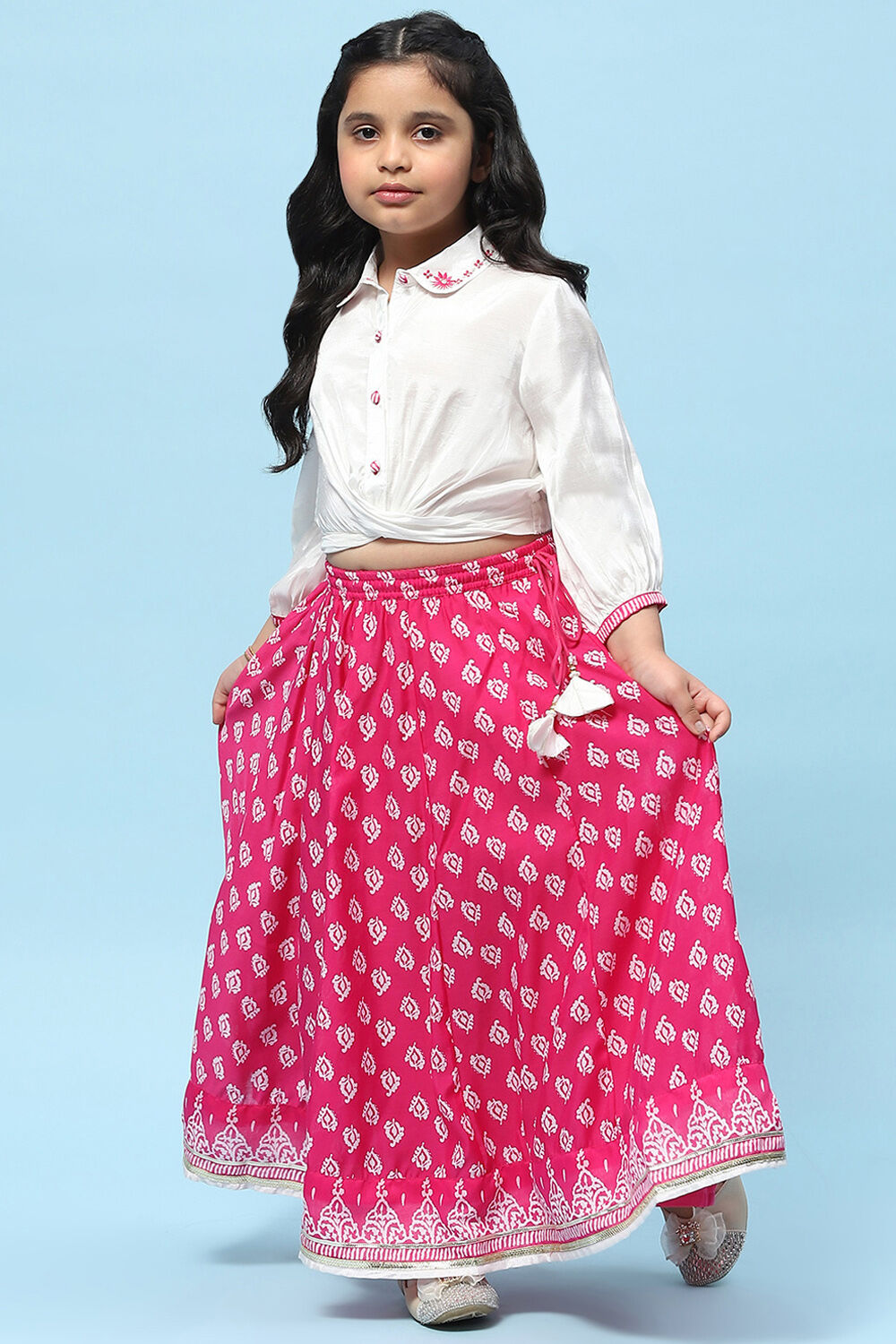 White Shirt Style Top teamed with Pink printed Lehenga Set image number 0