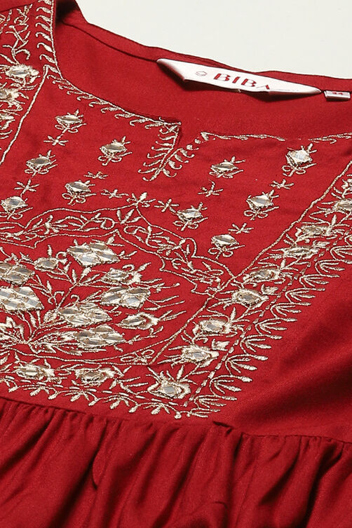 Green & Maroon Rayon Gathered Kurta Palazzo Suit Set image number 1
