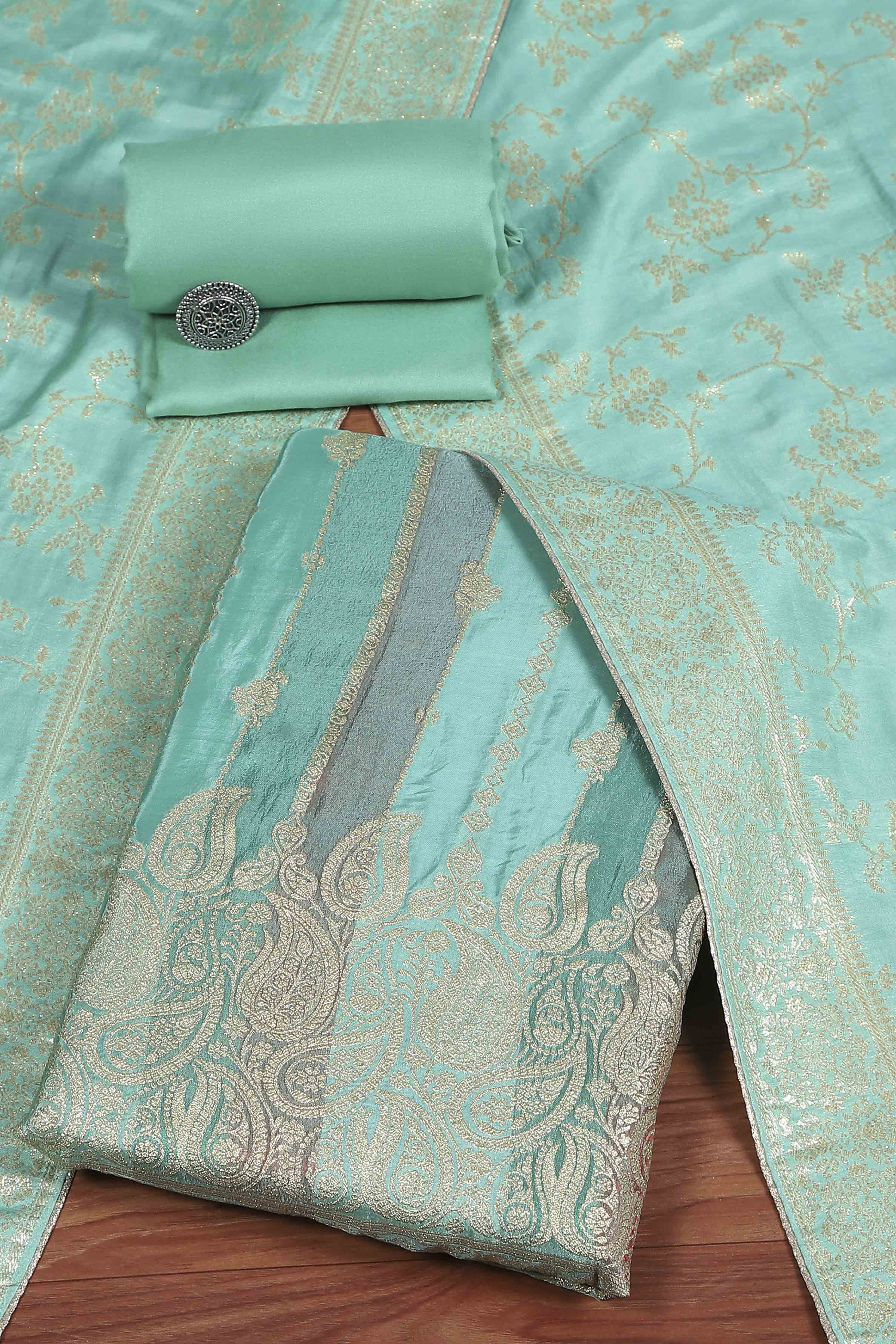 Teal Cotton Printed Embroidered Unstitched Suit Set image number 0
