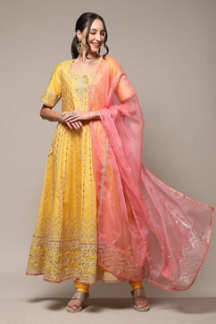 Yellow Cotton Blend Anarkali Kurta Churidar Suit Set image number 7