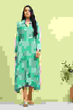 Cyan Blue Floral Printed Shirt Style A-line Dress image number 5