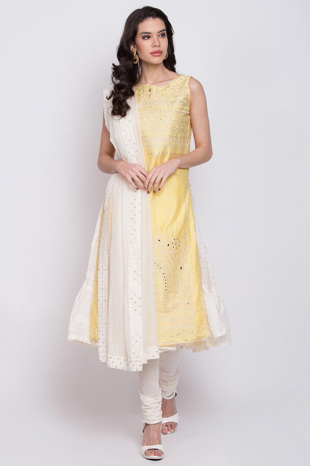 Yellow Cotton Silk A Line Kurta Churidar Suit Set