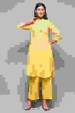 Yellow Cotton Straight Kurta Palazzo Suit Set image number 6