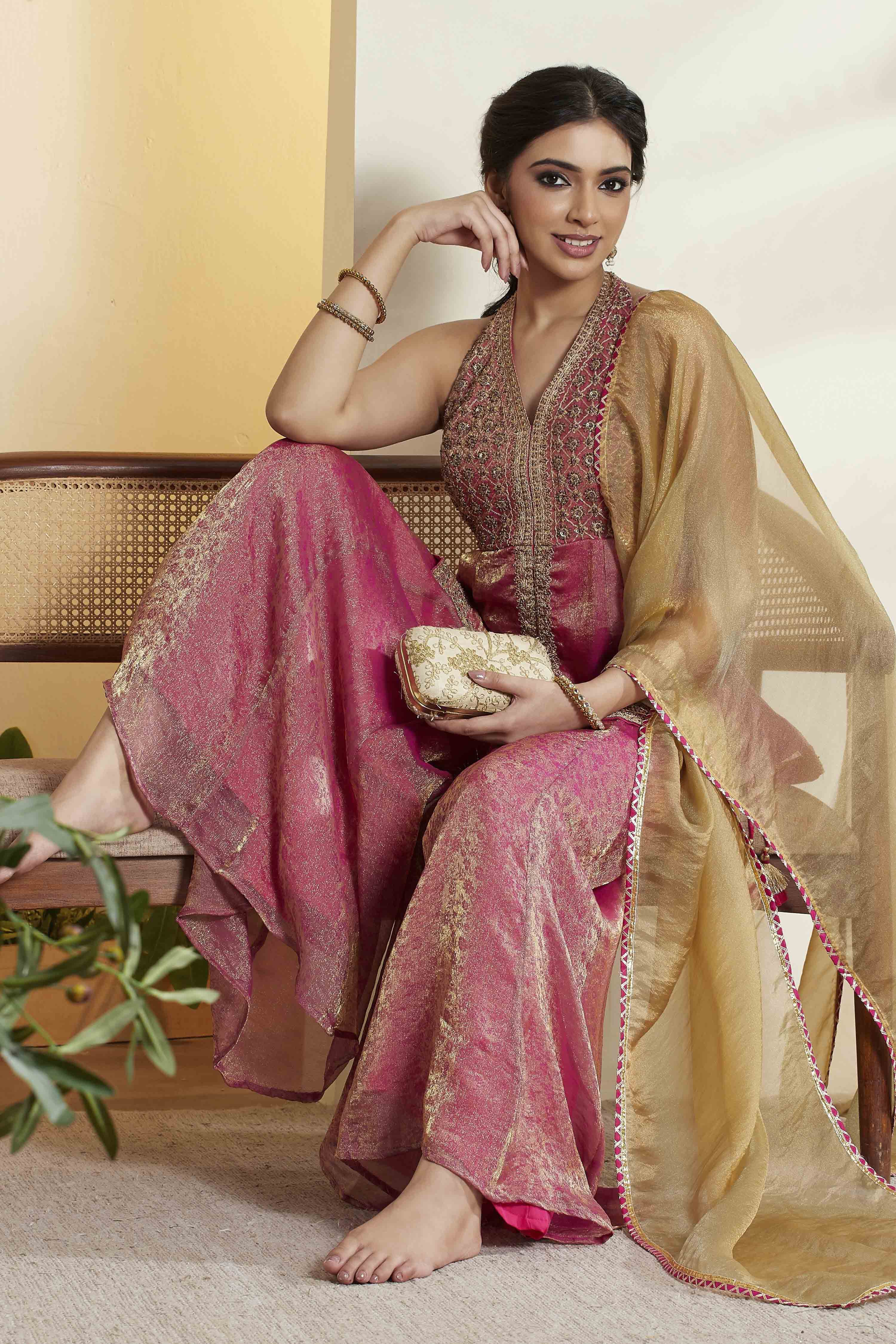 Fuchsia Viscose Blend Embroidered Fusion Set image number 0