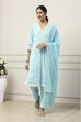 Sky Blue Cotton Floral Embroidered Straight Suit Set image number 6