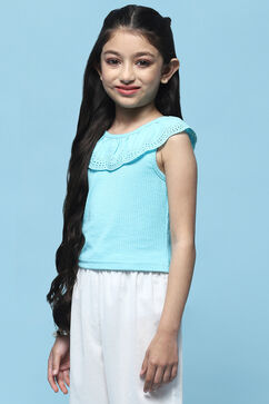 Blue Sleeveless Top With Schiffli Lace Detail image number 2